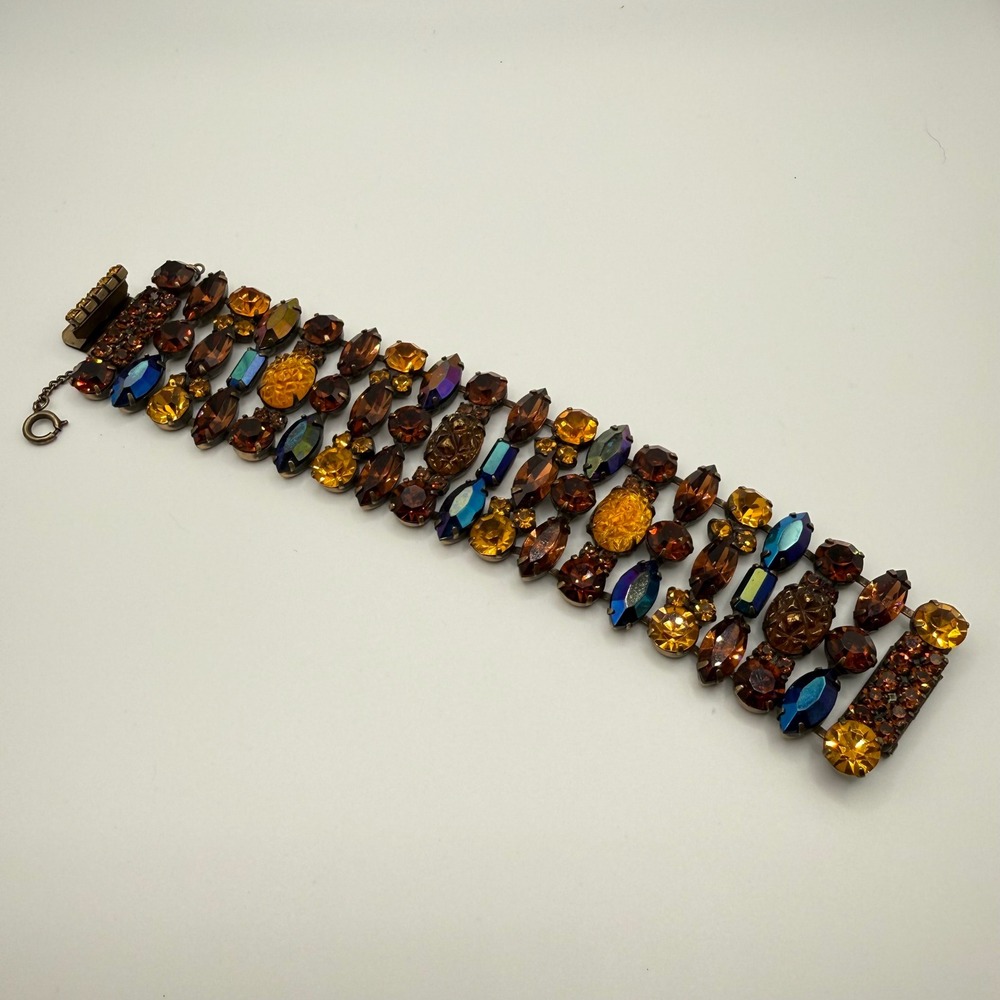 Kramer of New‎ York Vintage Amber Blue Rhinestone Statement Bracelet Wide